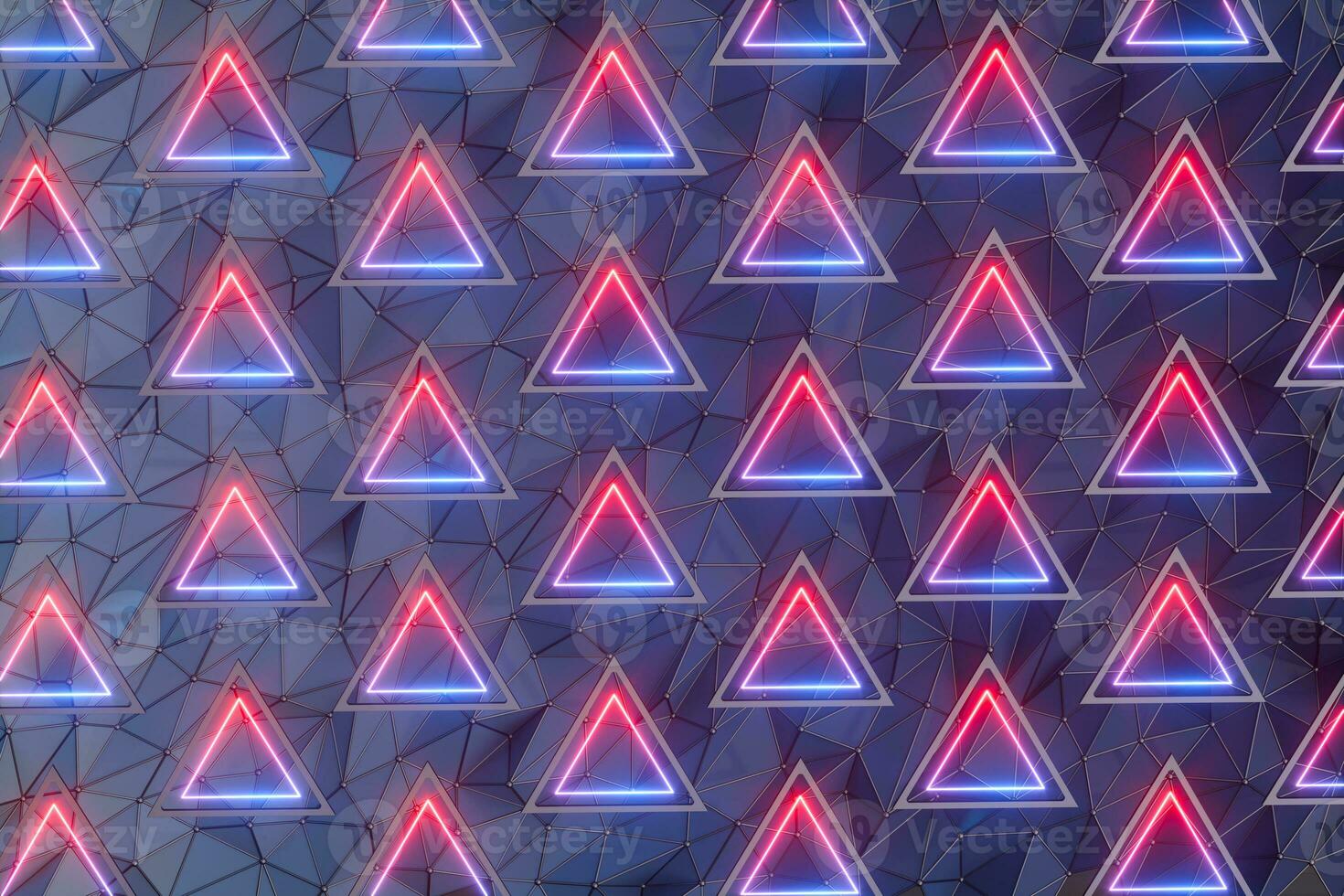 Repeating neon triangles with grid background, 3d rendering. photo