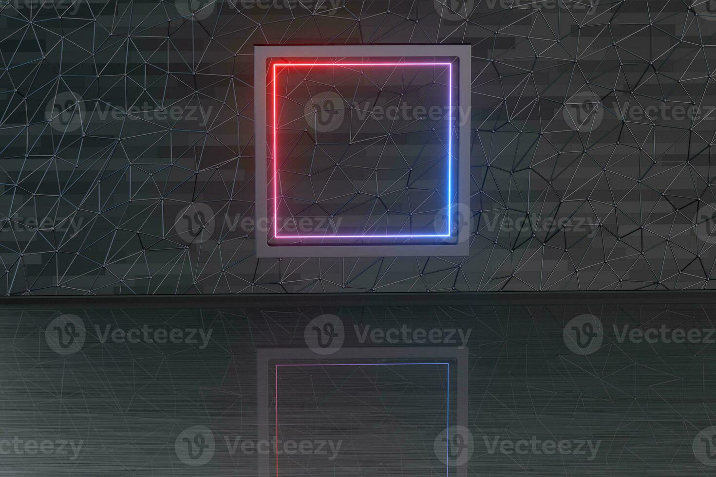 Reflective metal floor with neon lines, 3d rendering. photo