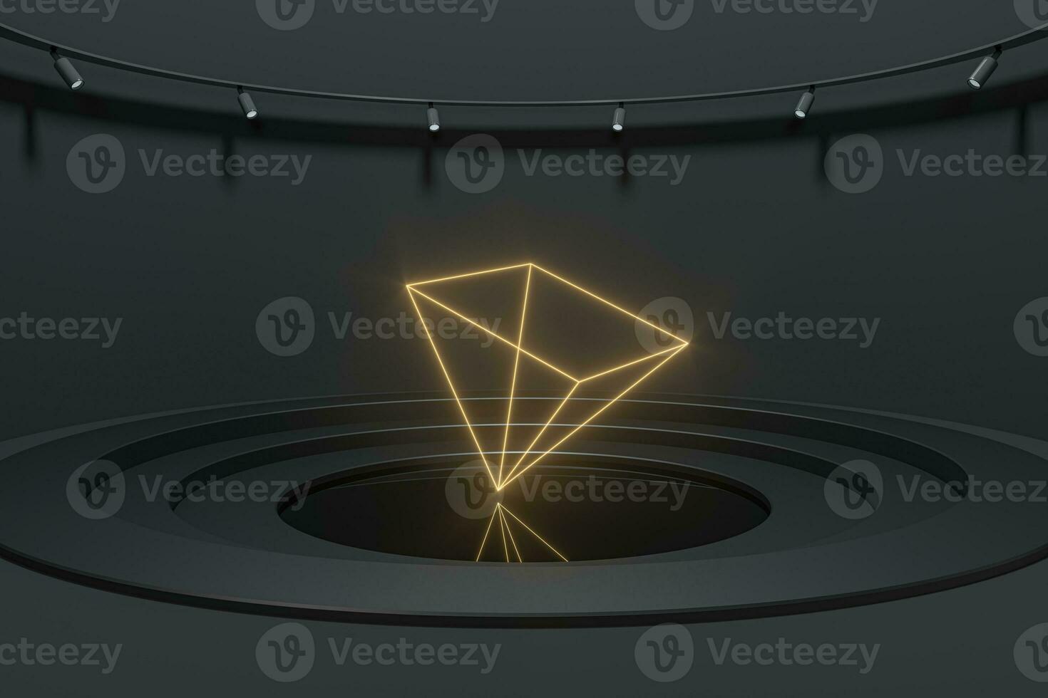 Luxury showcase room with glowing geometrical gem, 3d rendering. photo