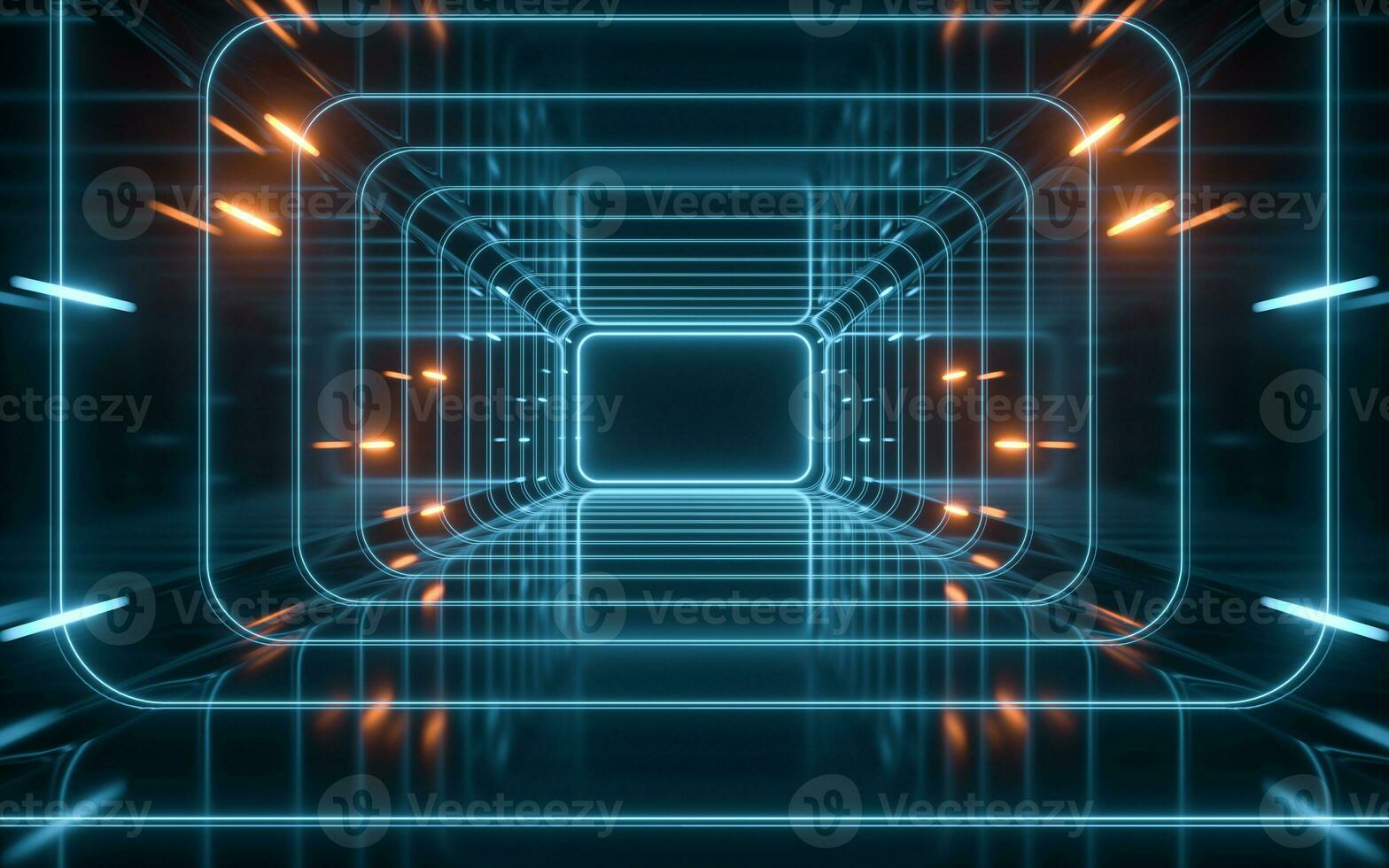 Tunnel and neon light with black background, 3d rendering. photo