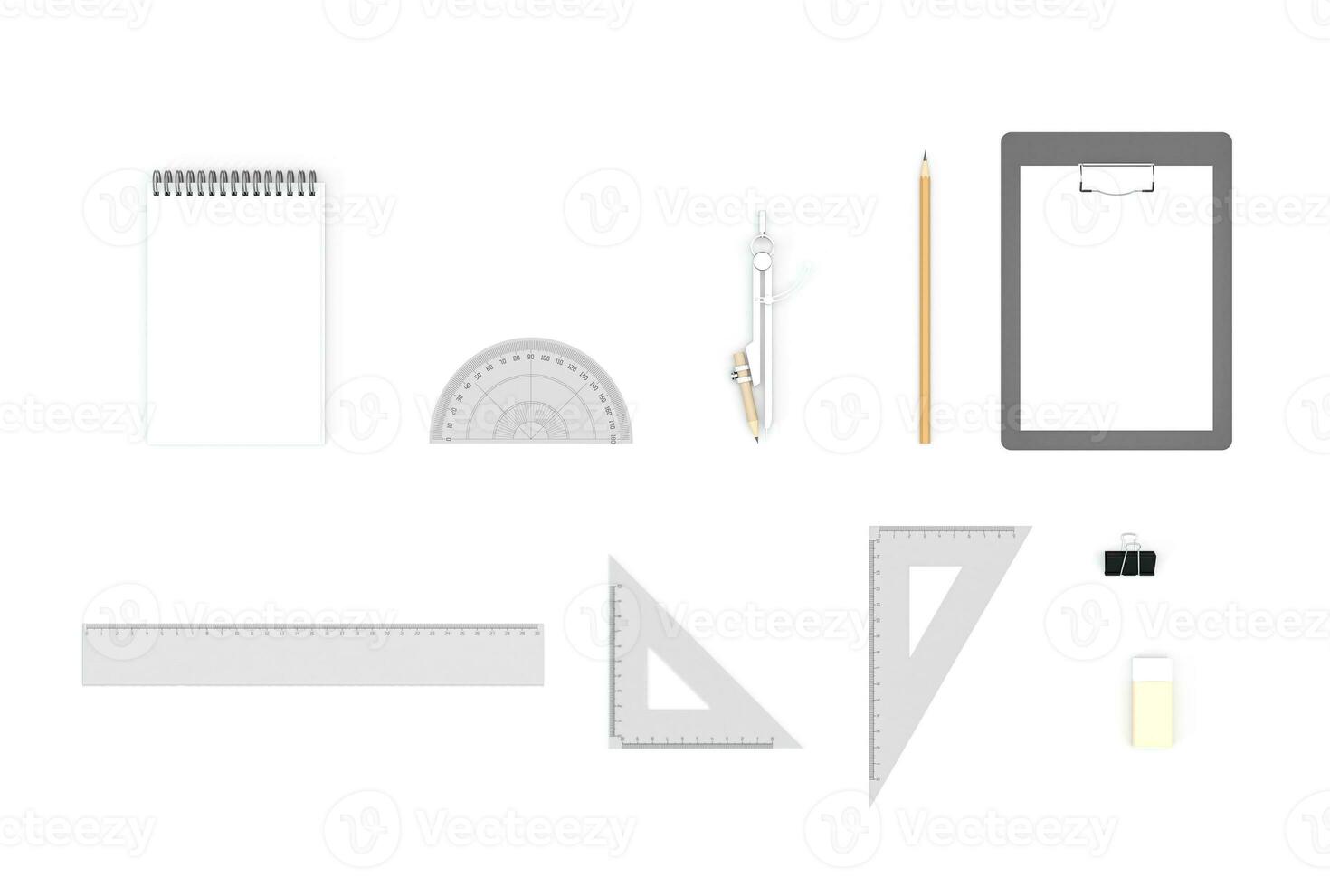 Various of stationery with white background, 3d rendering. photo