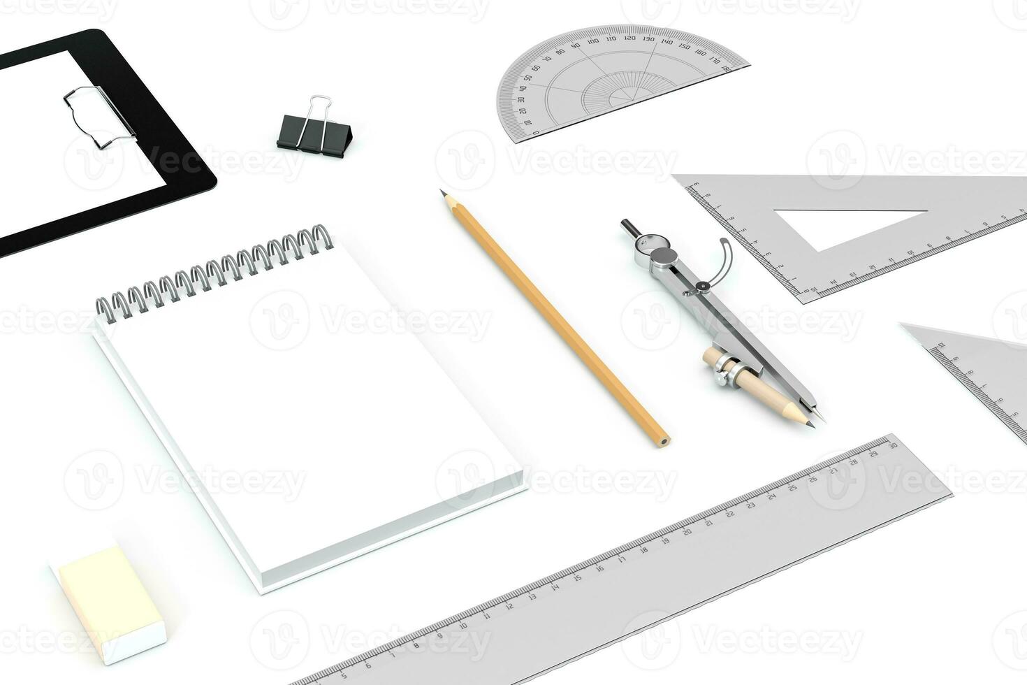 Various of stationery with white background, 3d rendering. photo