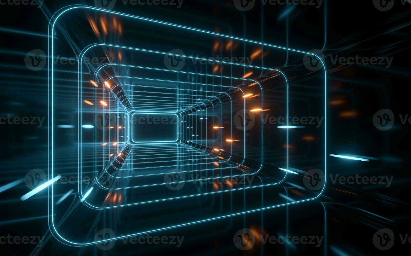 Tunnel and neon light with black background, 3d rendering. photo