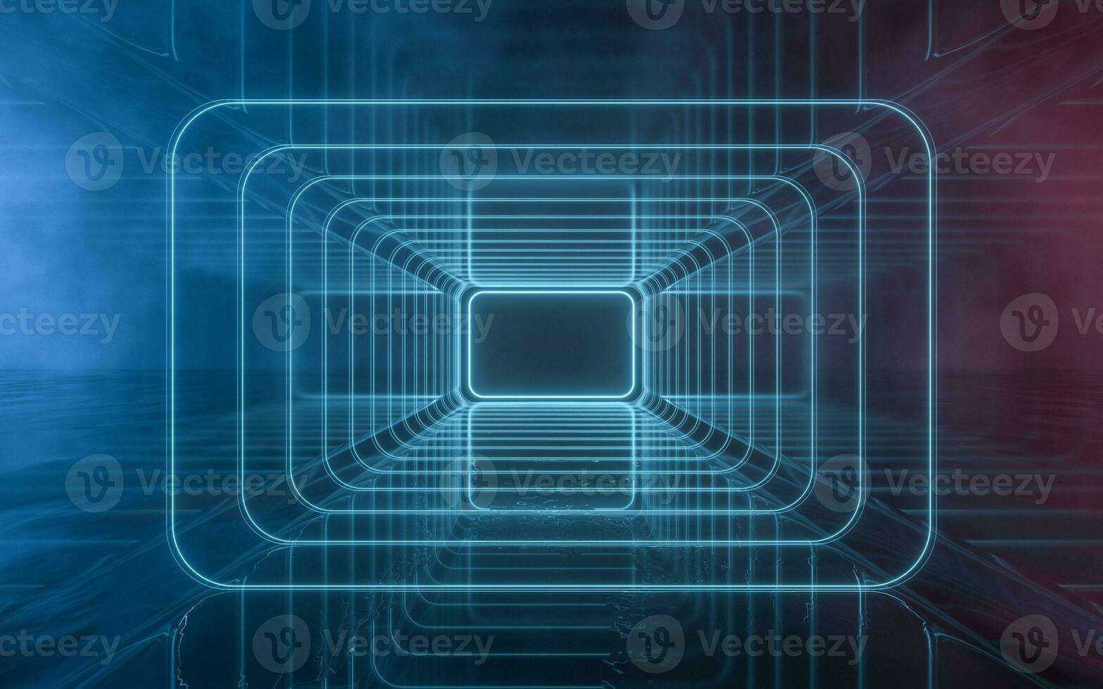 Tunnel and neon light with black background, 3d rendering. photo