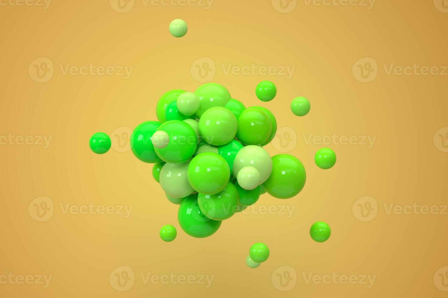 Green balls gather together with yellow background, 3d rendering. photo