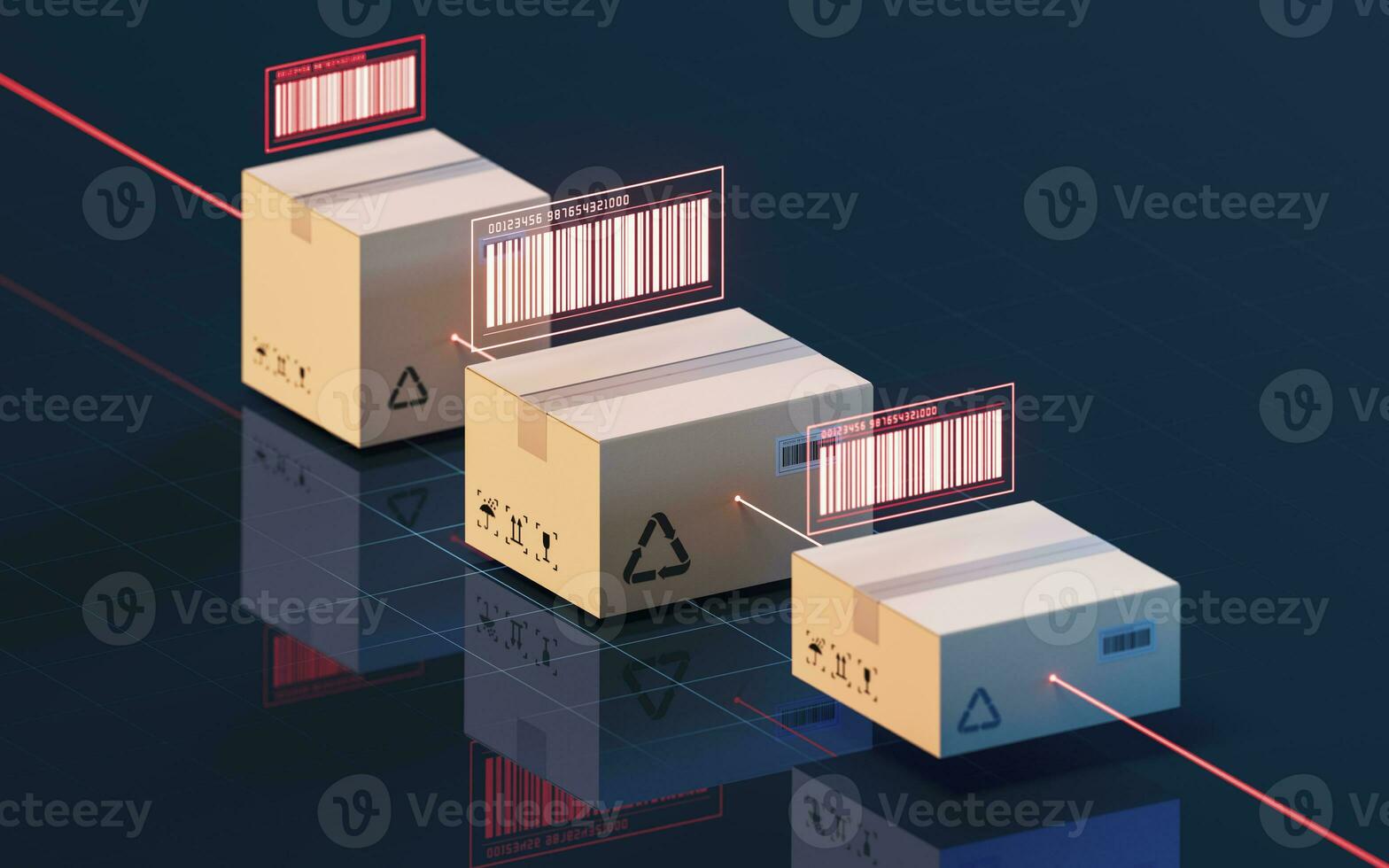 Carton and bar code, commodity inspection and transportation, 3d rendering. photo