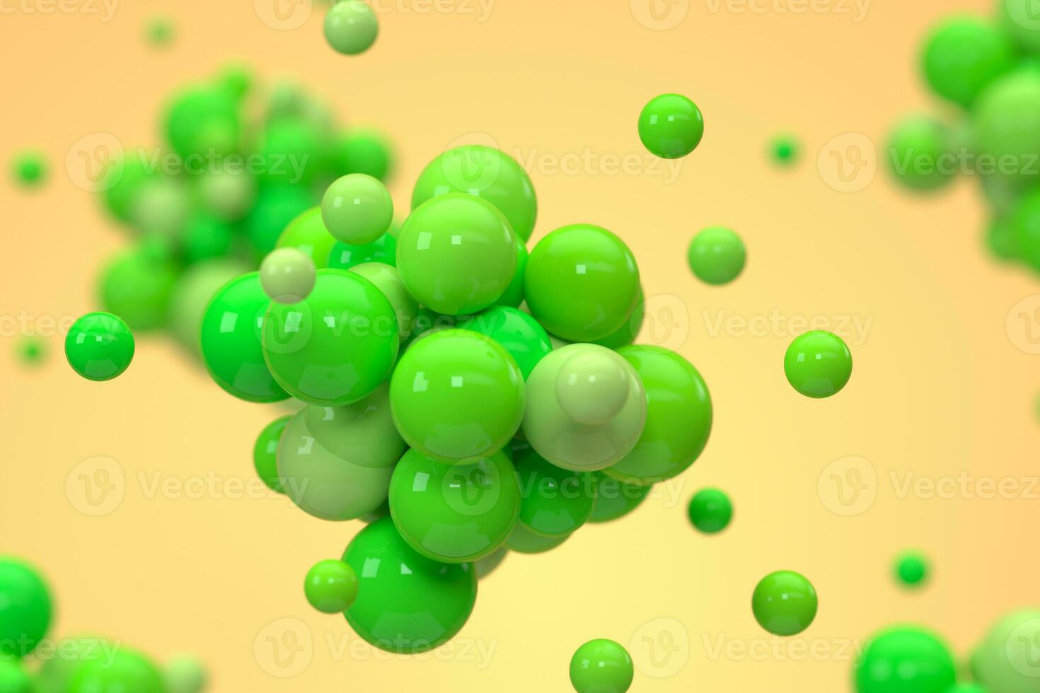 Green balls gather together with yellow background, 3d rendering. photo