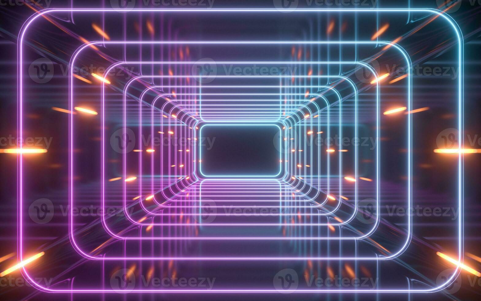 Tunnel and neon light with black background, 3d rendering. photo