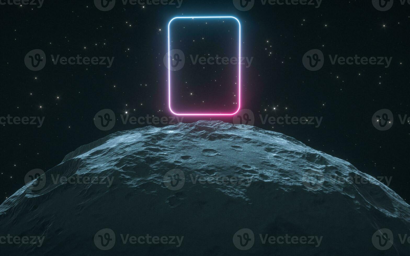 Planet and neon light with starry sky background, 3d rendering. photo