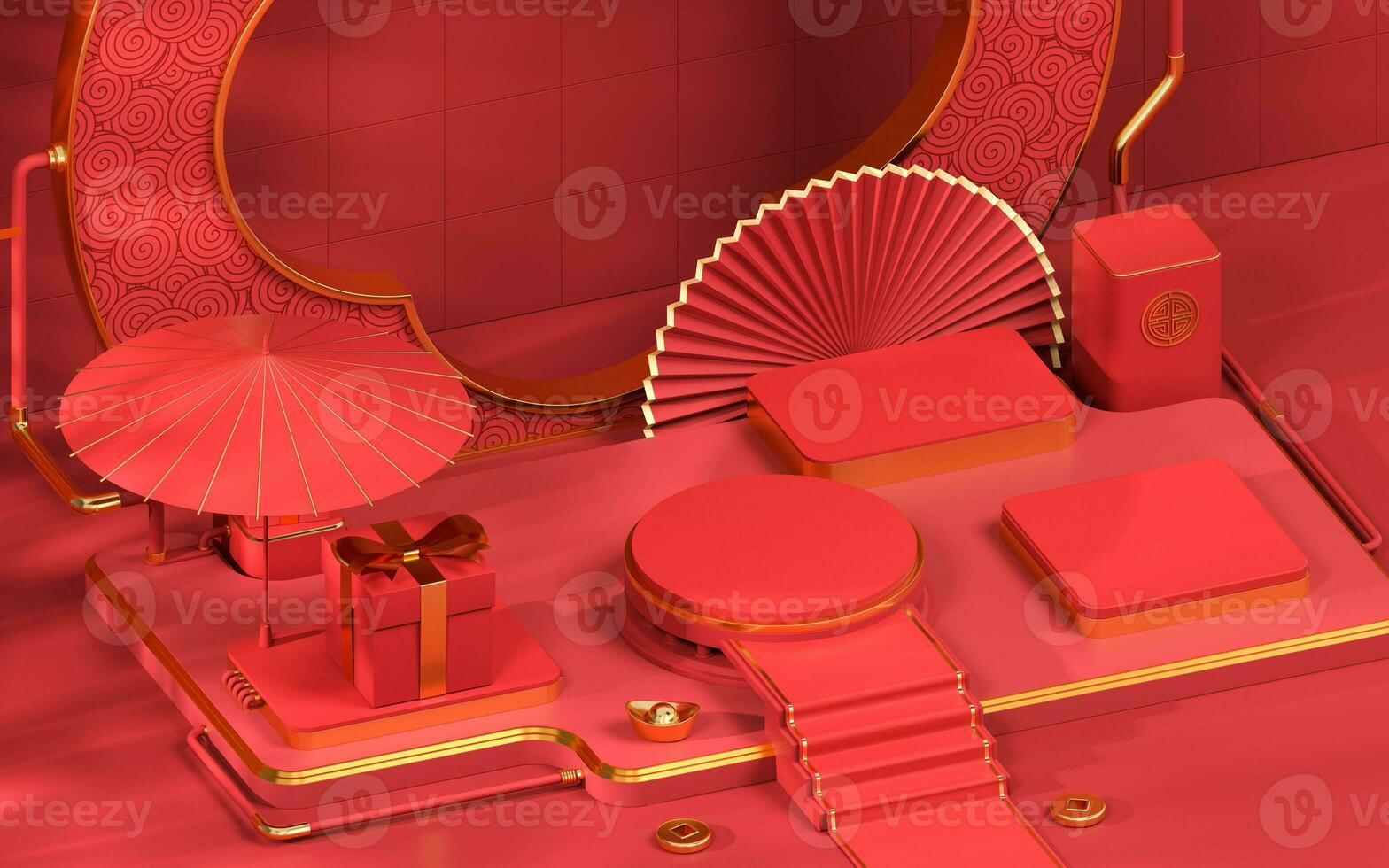 Empty showcase stage, Chinese style, 3d rendering. photo