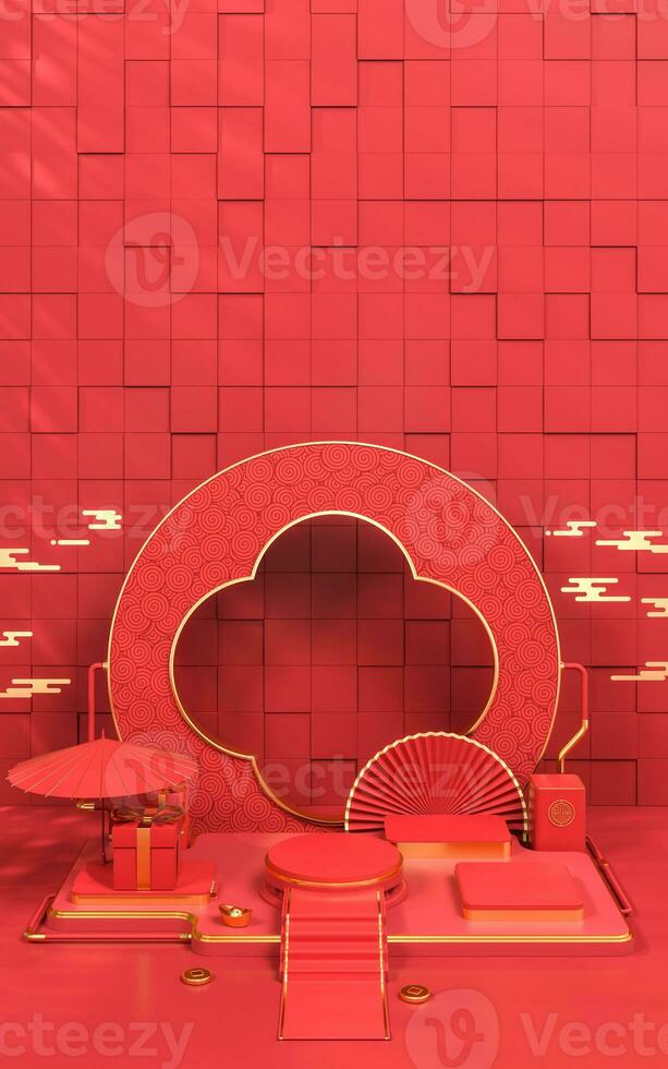 Empty showcase stage, Chinese style, 3d rendering. photo