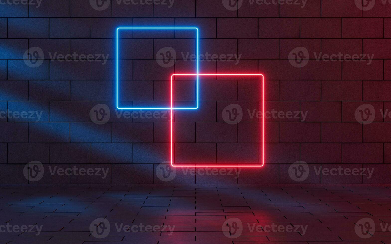 Glowing neon lines with brick background, 3d rendering. photo
