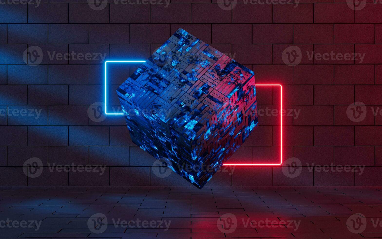 Glowing neon lines with cubic material, 3d rendering. photo