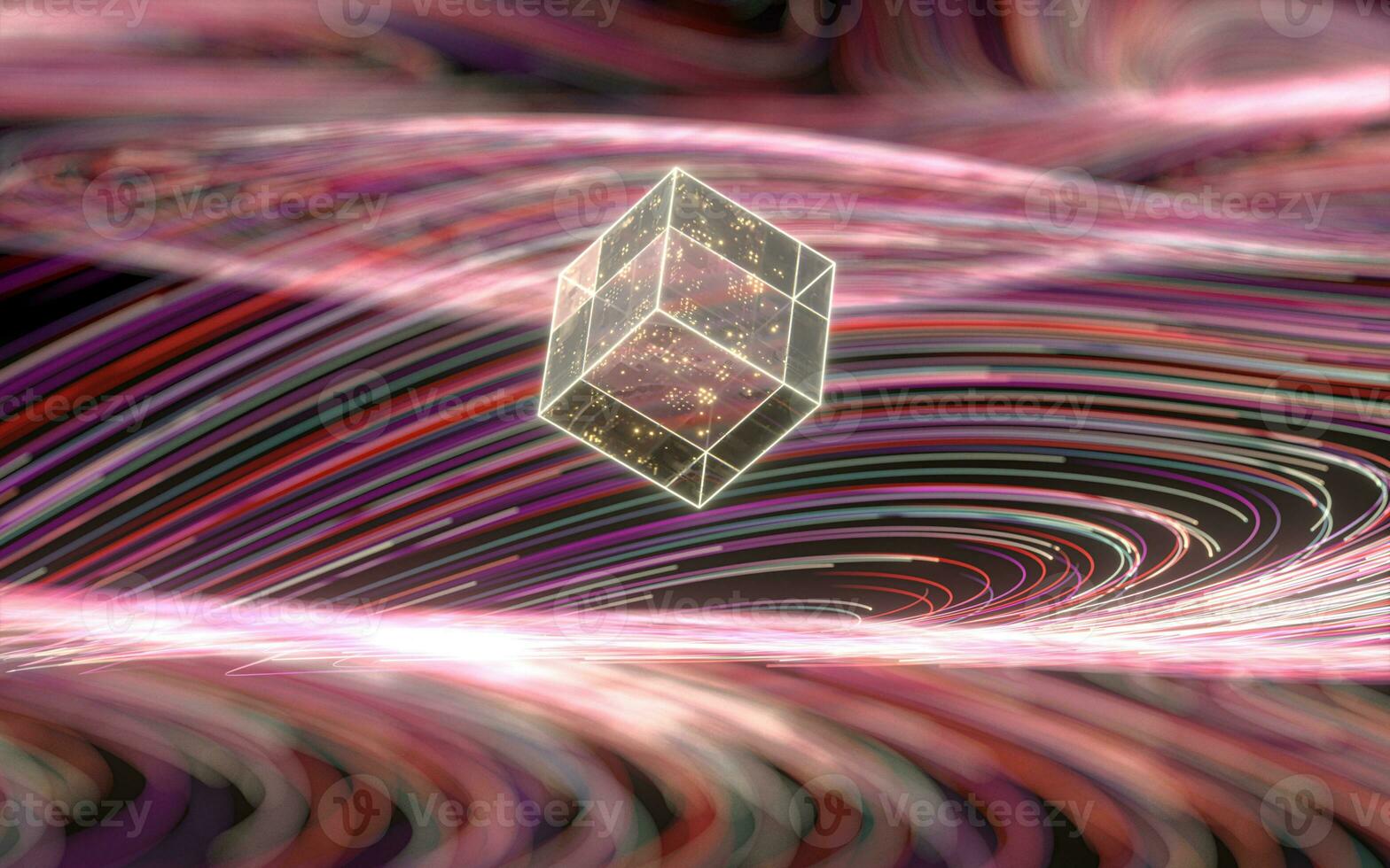 Magic glass cube, fantasy wave pattern, 3d rendering. photo