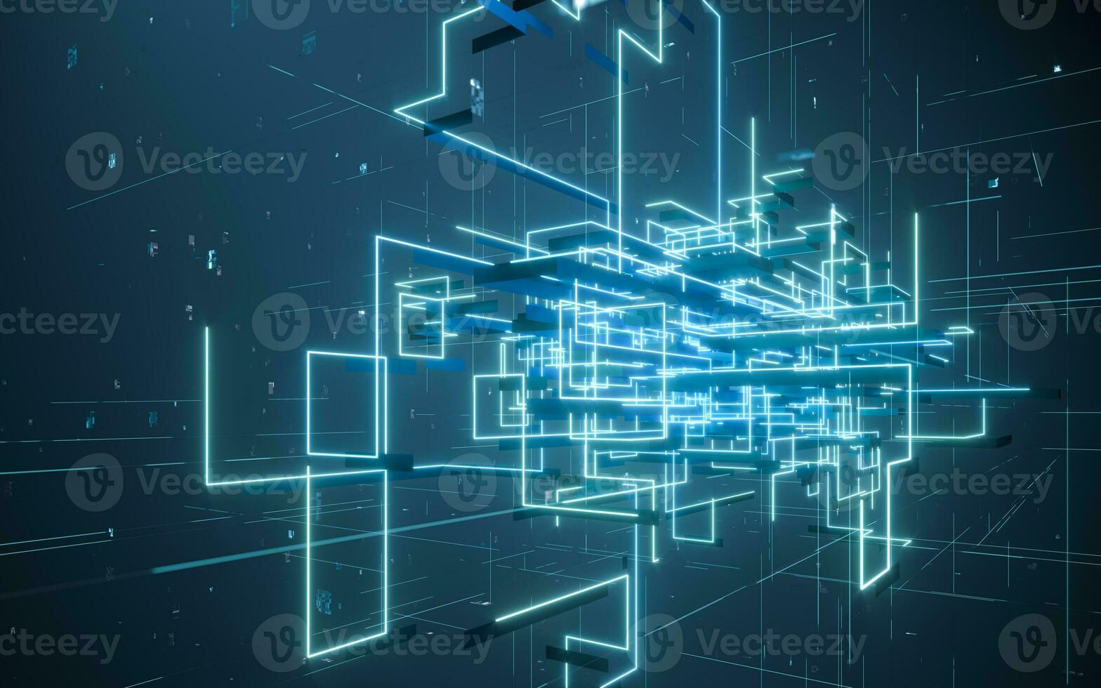 Glowing electronics lines with circuit structure, 3d rendering. photo