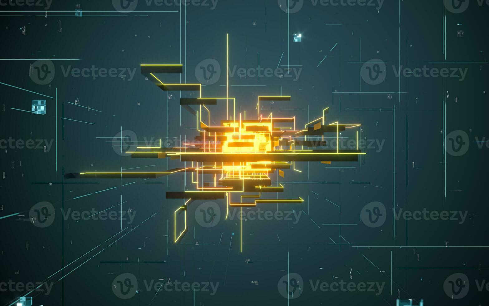 Glowing electronics lines with circuit structure, 3d rendering. photo