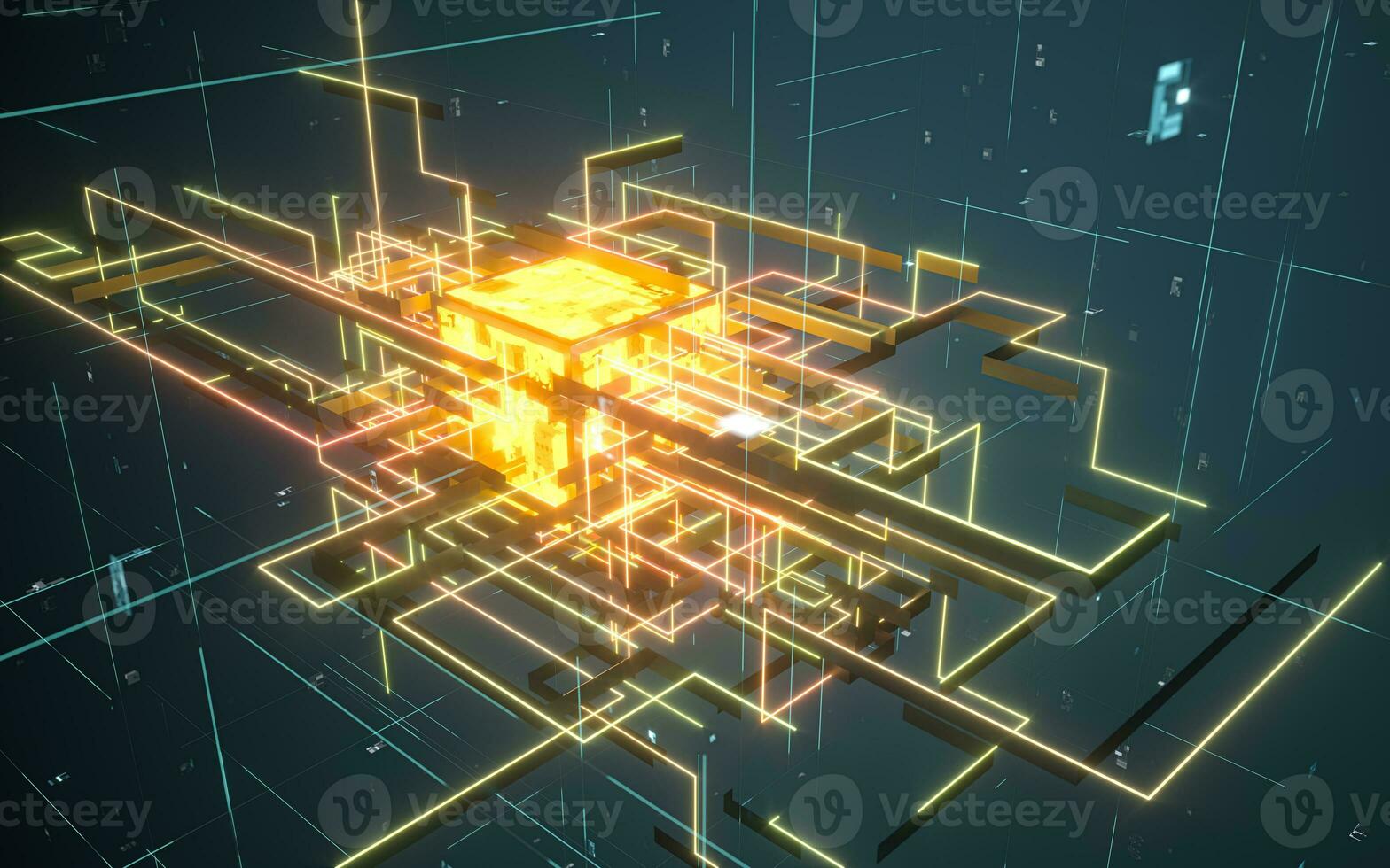 Glowing electronics lines with circuit structure, 3d rendering. photo
