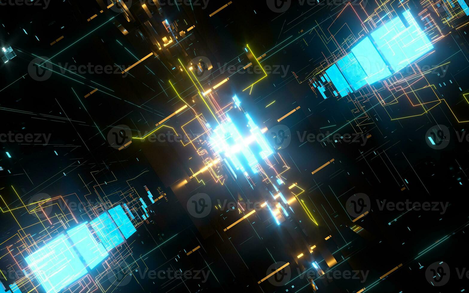 Glowing electronics lines with circuit structure, 3d rendering. photo