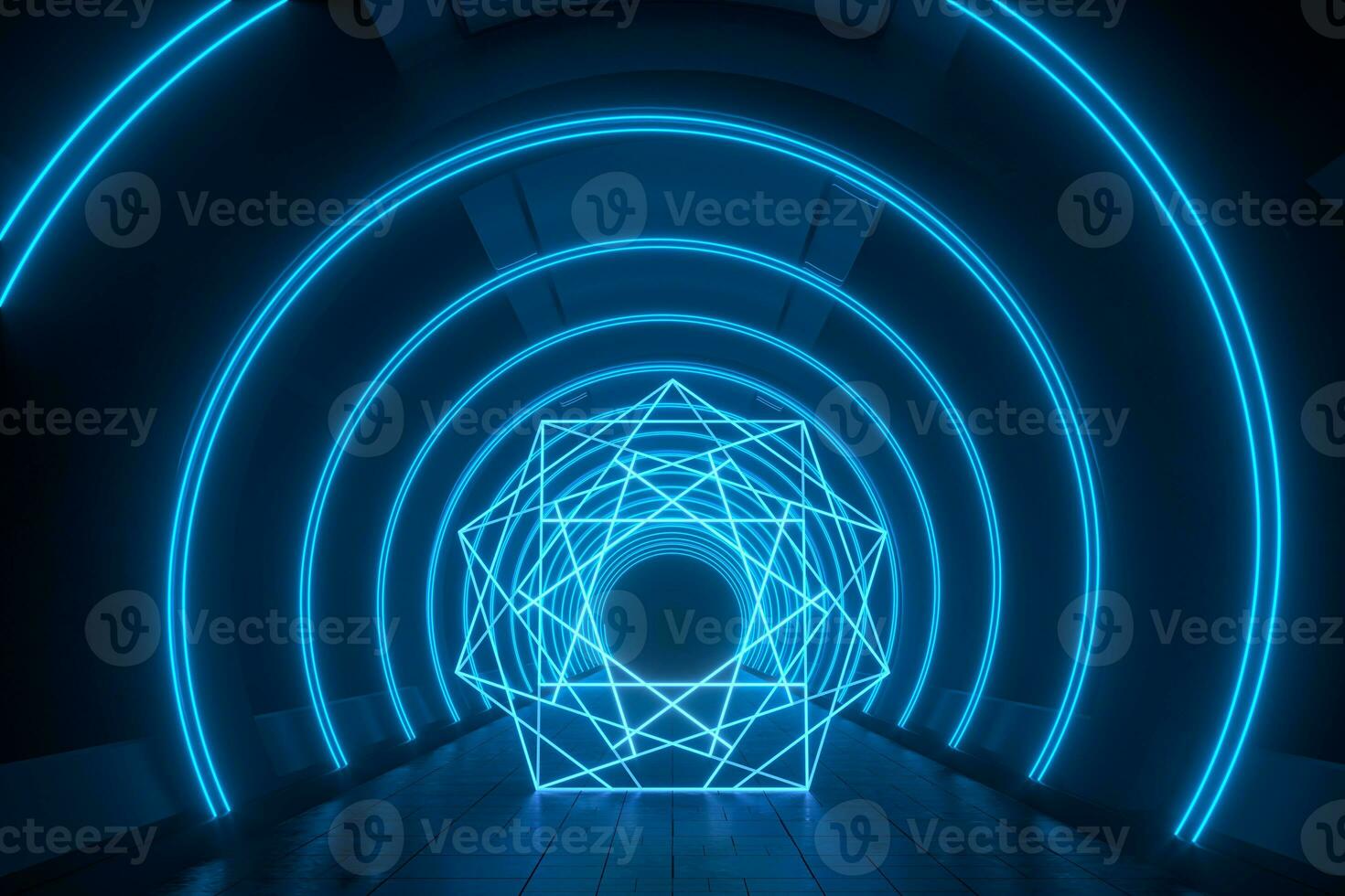 Dark round tunnel with glowing neon lights, 3d rendering. photo