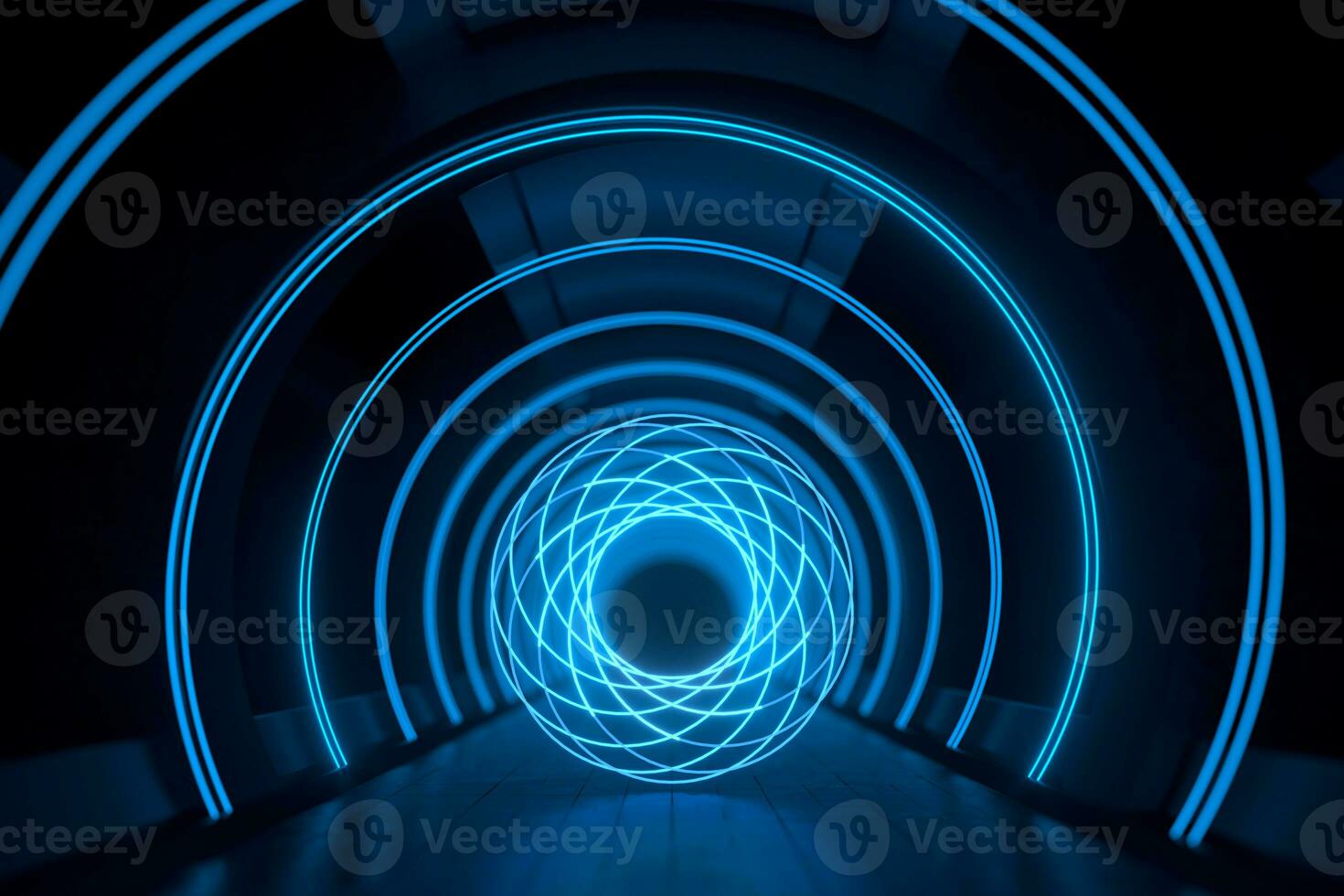 Dark round tunnel with glowing neon lights, 3d rendering. photo