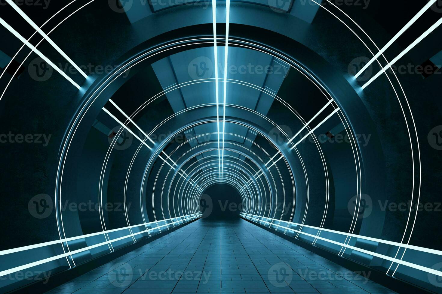 oscuro redondo túnel con brillante neón luces, 3d representación. foto