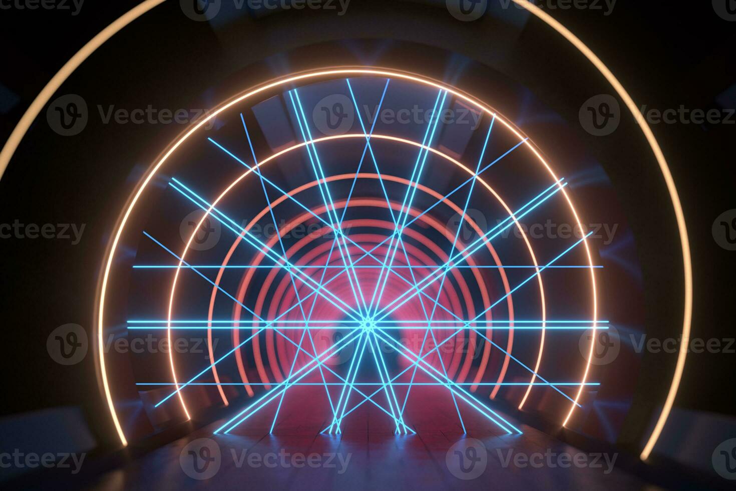 Dark round tunnel with glowing neon lights, 3d rendering. photo