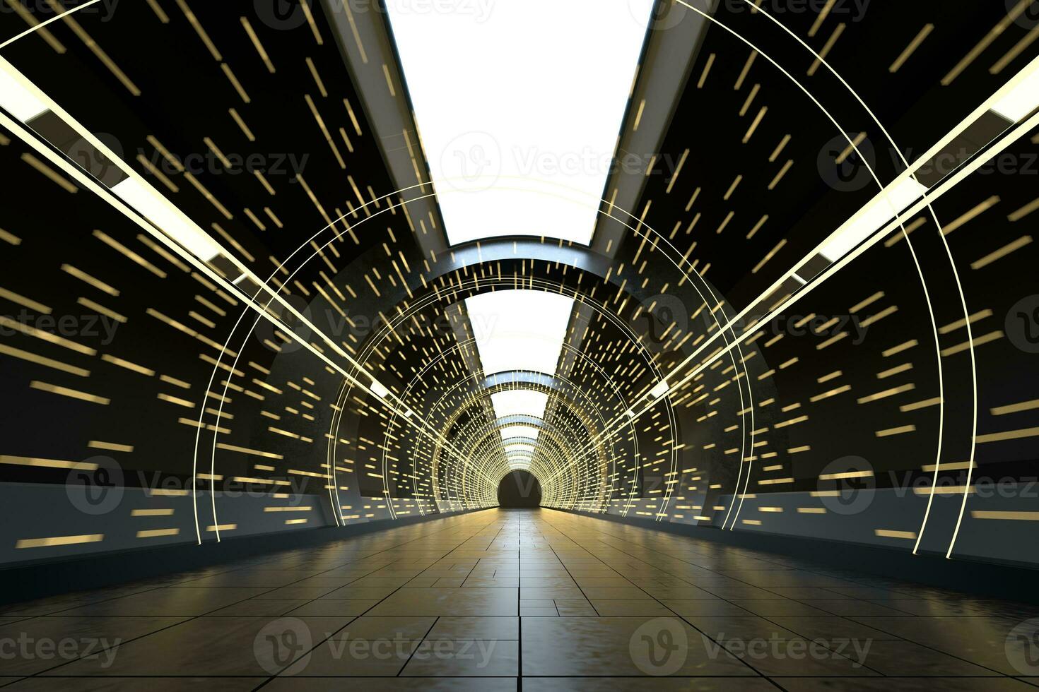 Dark round tunnel with glowing neon lights, 3d rendering. photo