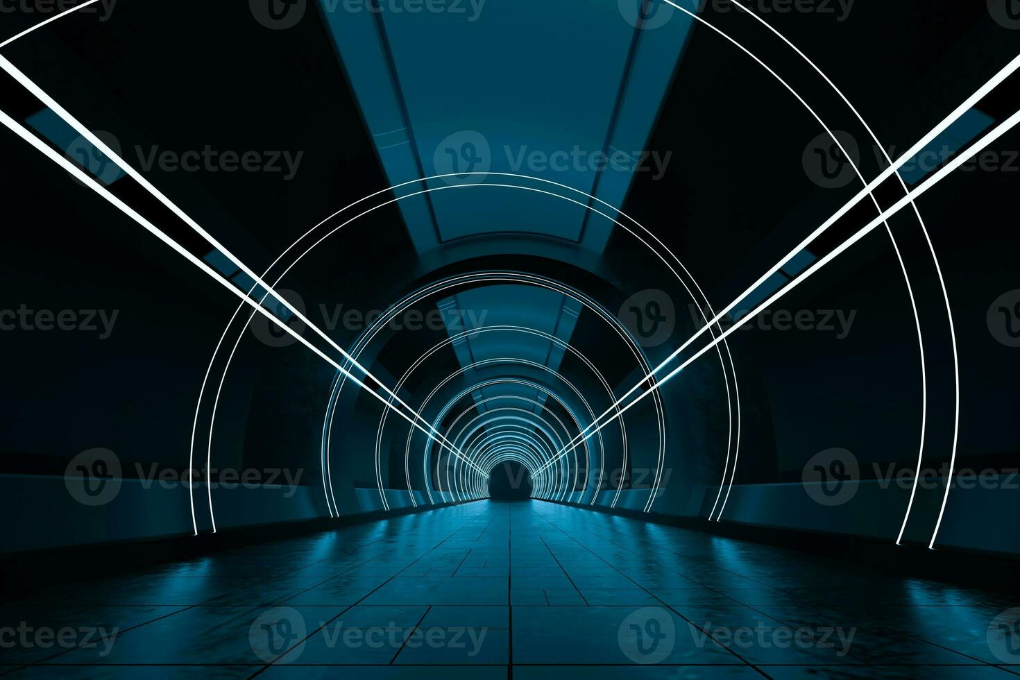 Dark round tunnel with glowing neon lights, 3d rendering. photo