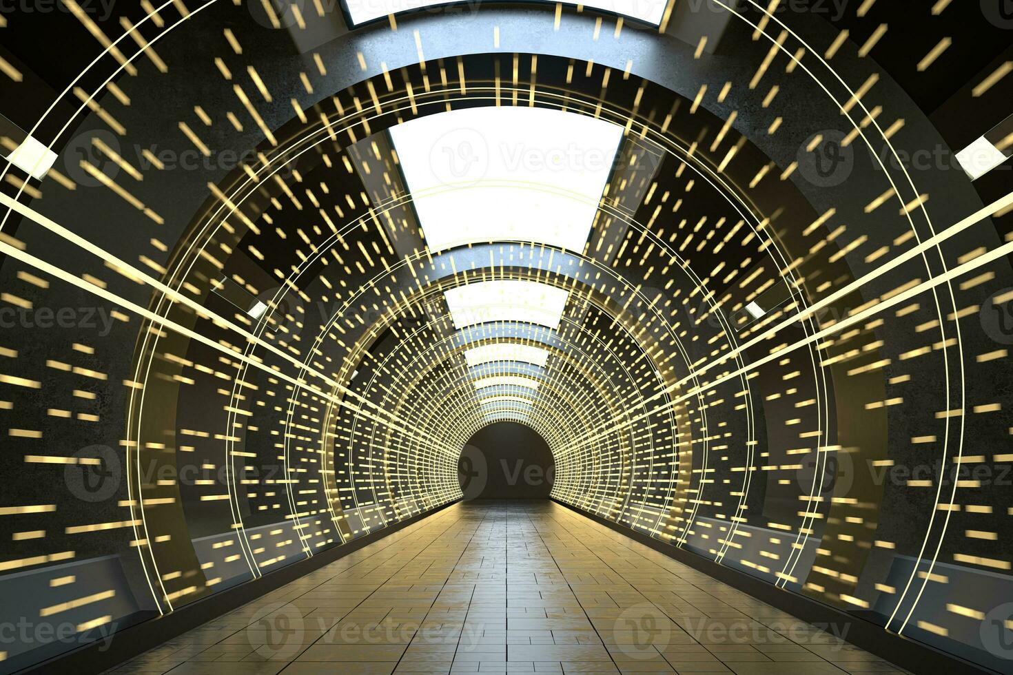 Dark round tunnel with glowing neon lights, 3d rendering. photo