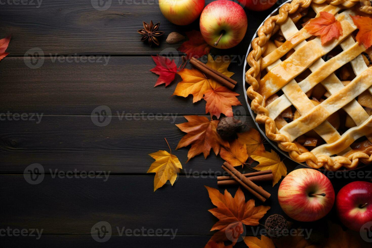 Thanksgiving background. Top view black wood table decor from apple and pumpkin pie, cinnamon, leaves. Autumn and fall background. Holiday food. Thanksgiving day or Halloween concept. Generative AI. photo