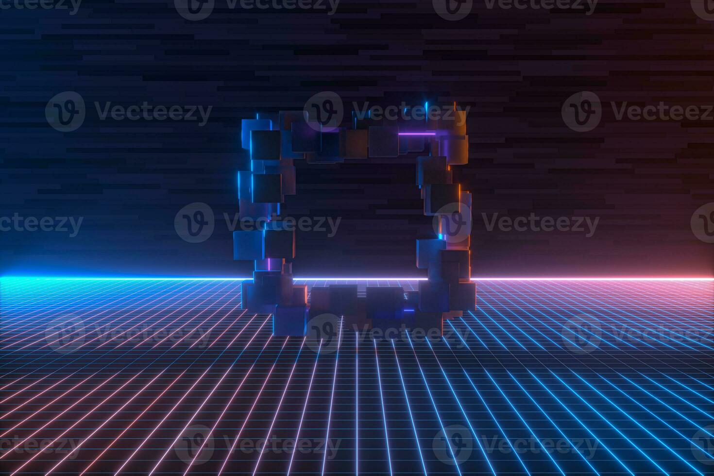 Purple neon laser line with dark background, 3d rendering. photo