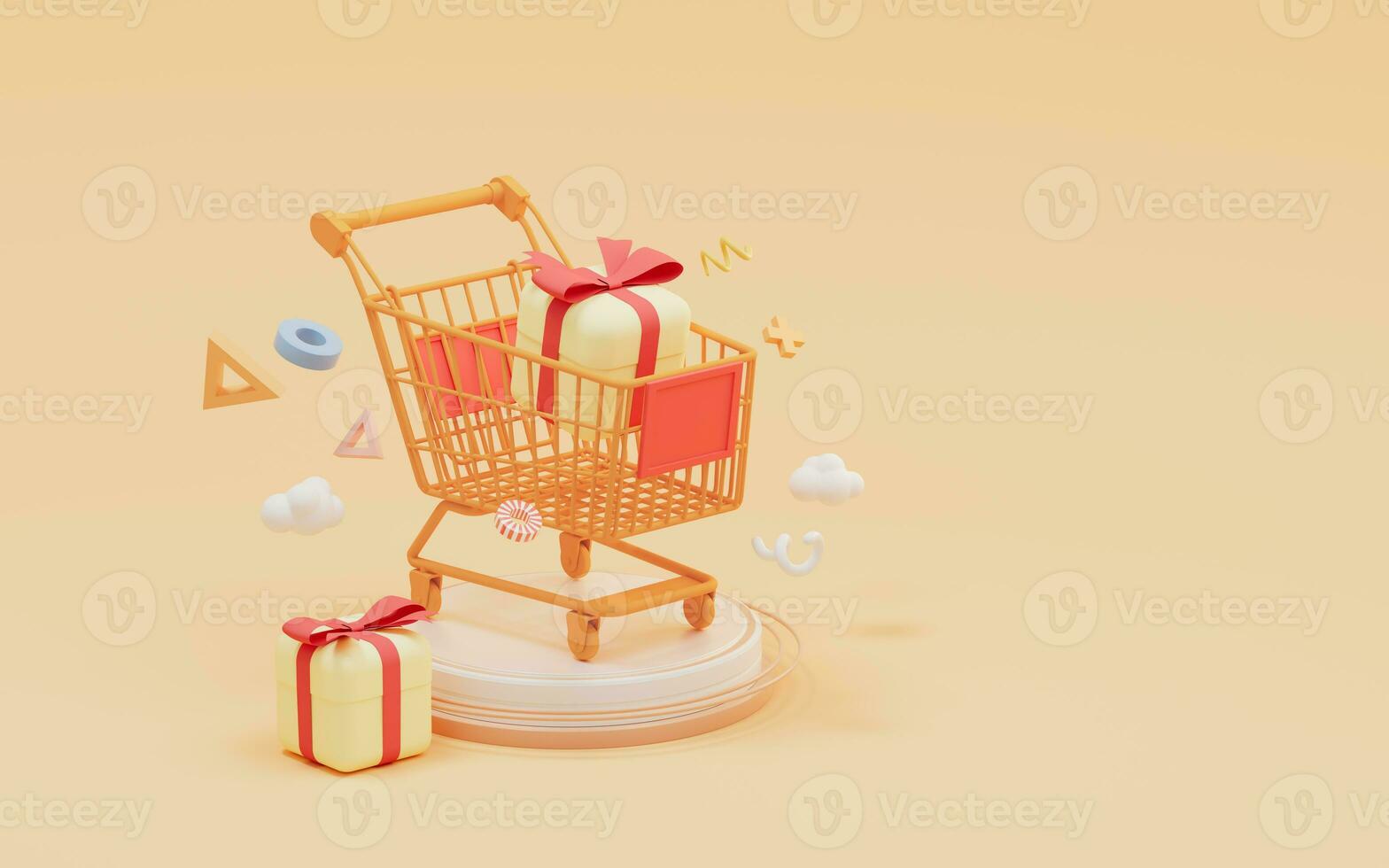 Shopping cart and gifts, shopping theme, 3d rendering. photo