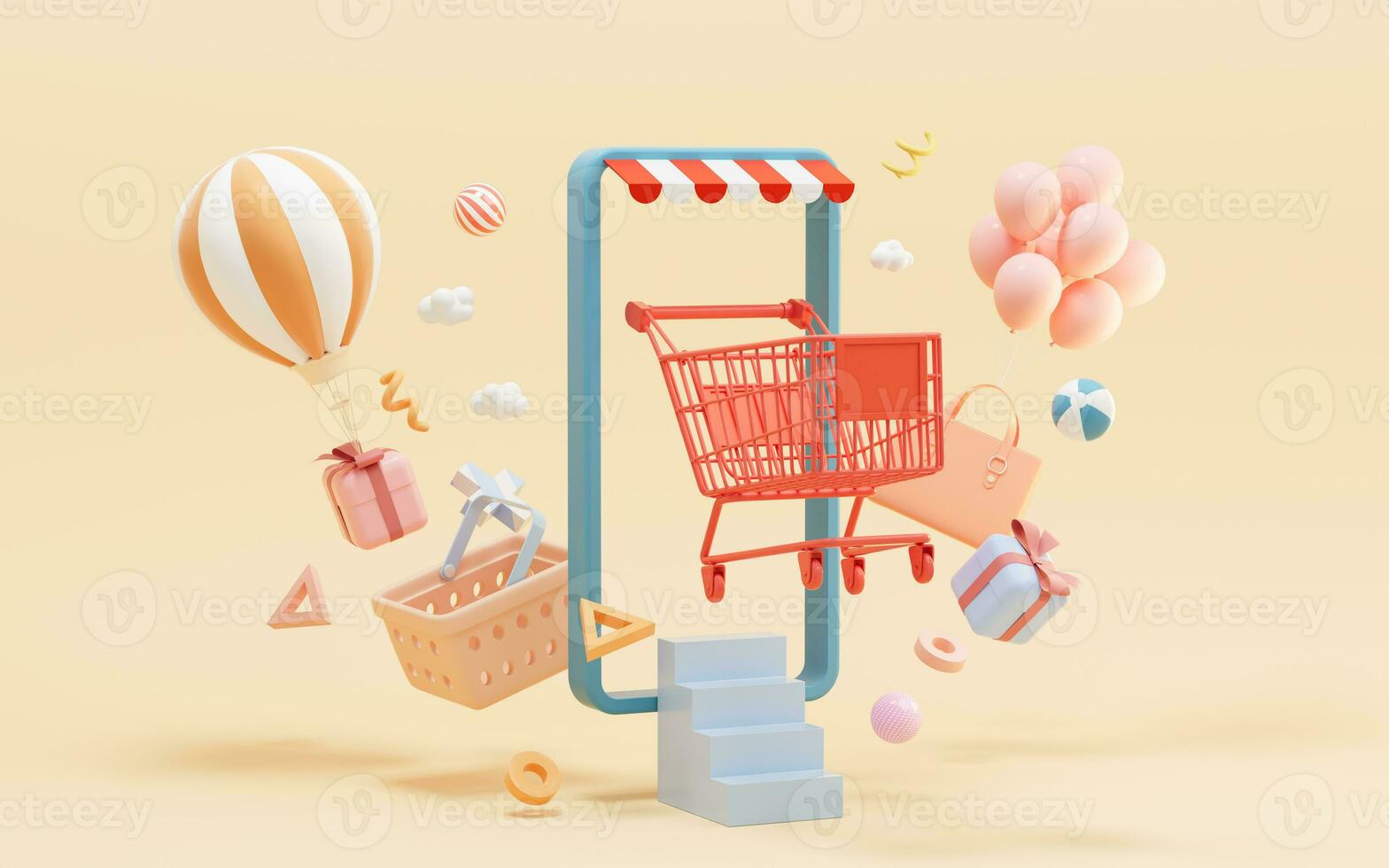 A mobile phone and shopping basket, online shopping, 3d rendering. photo