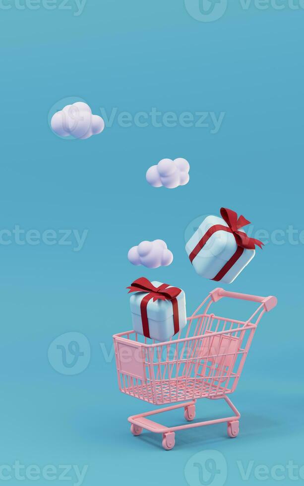 Shopping cart and gifts, shopping theme, 3d rendering. photo