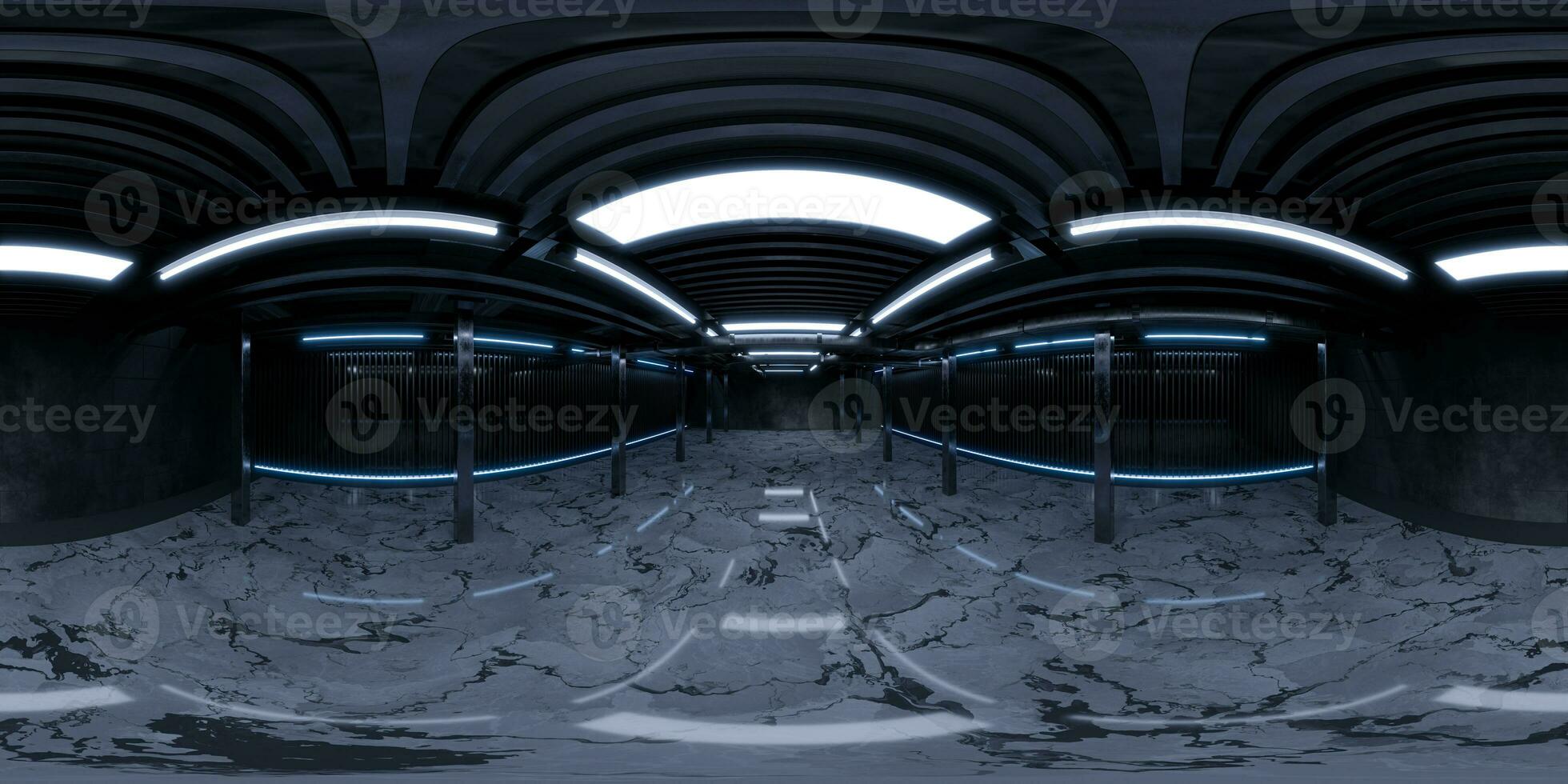 Dark building with neon illumination, 3d rendering. 360-degree seamless panoramic view. photo