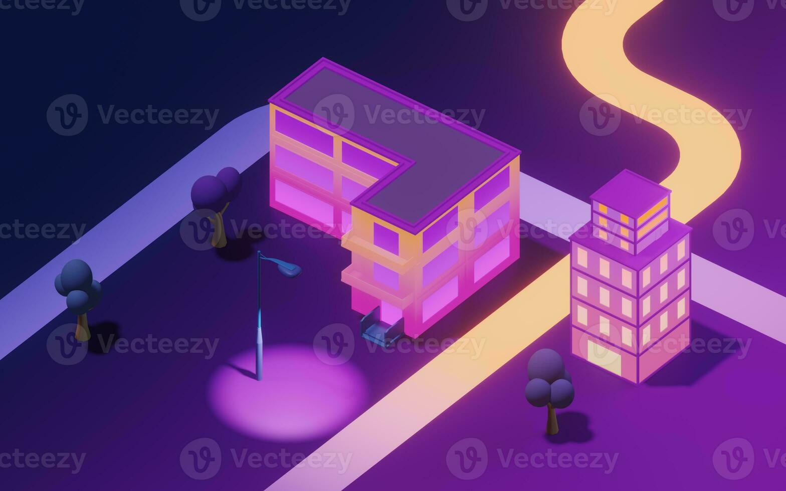 Downtown city, neon glowing building, 3d rendering. photo