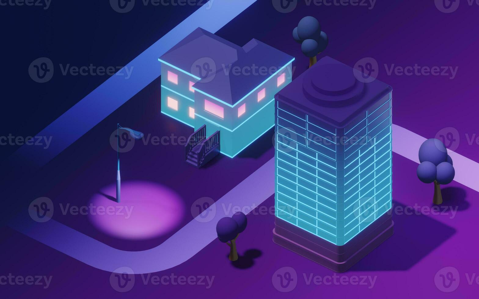 Downtown city, neon glowing building, 3d rendering. photo