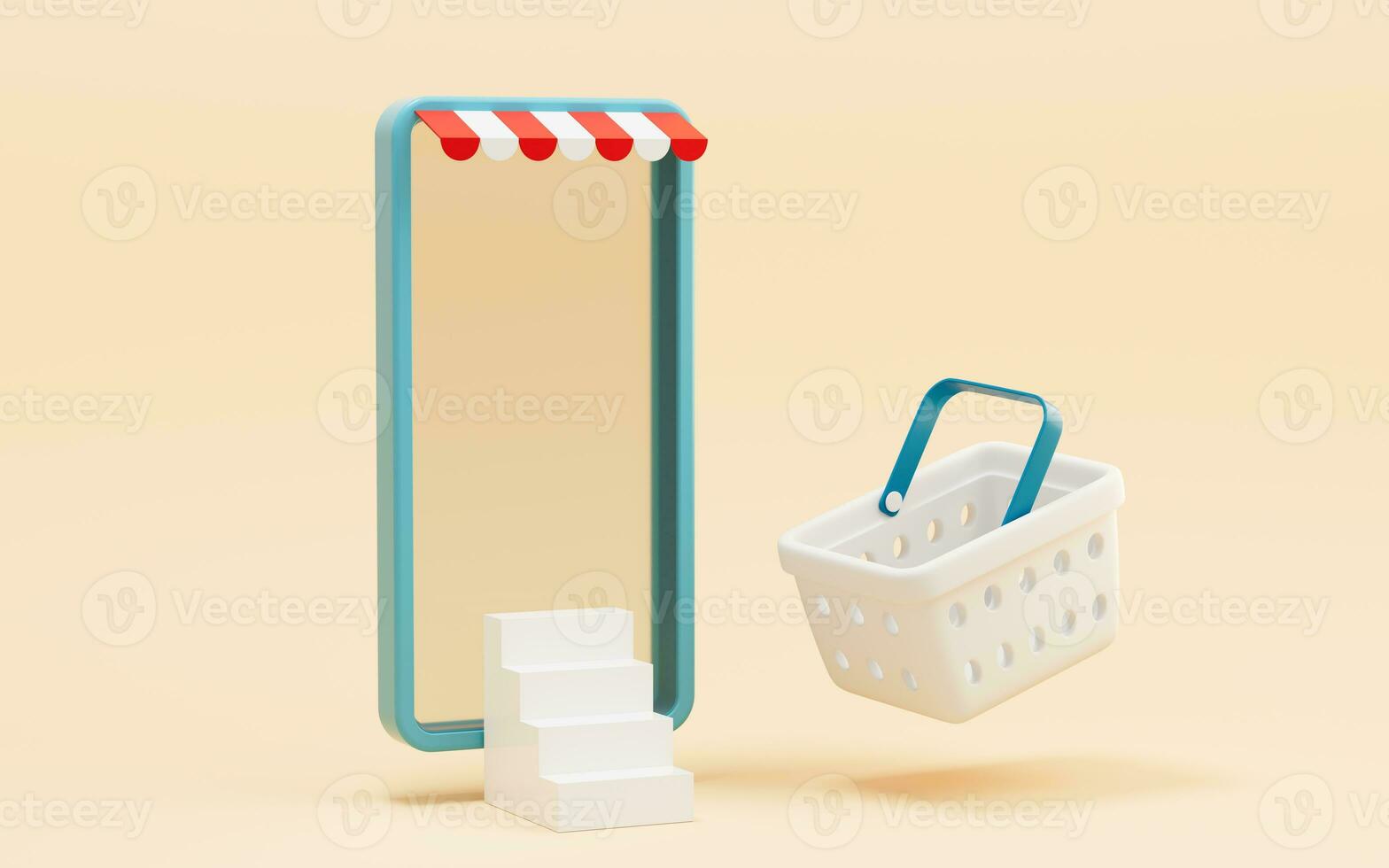 A mobile phone and shopping basket, online shopping, 3d rendering. photo