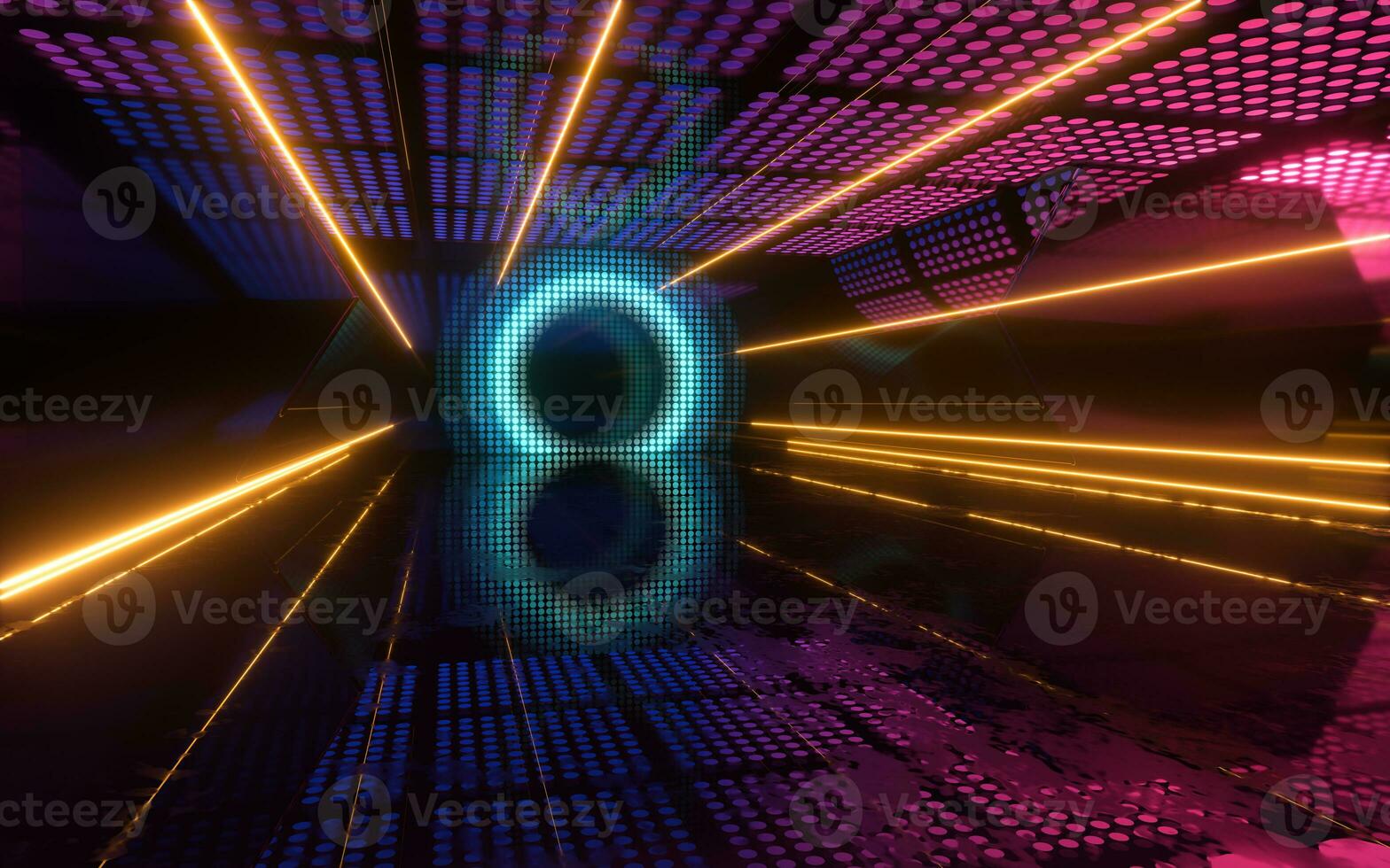 Futuristic room with glowing neon lights, 3d rendering. photo