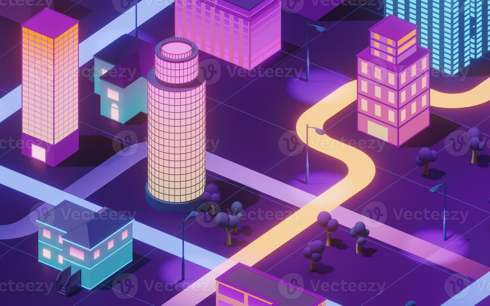 Downtown city, neon glowing building, 3d rendering. photo