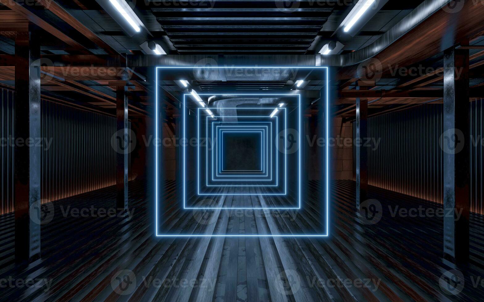 Dark building with neon illumination, 3d rendering. photo