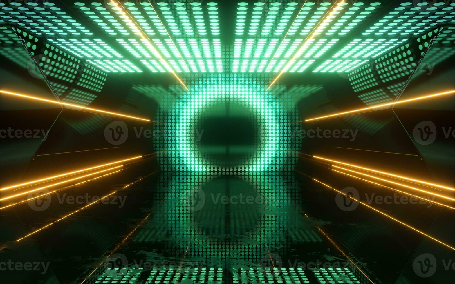 Futuristic room with glowing neon lights, 3d rendering. photo
