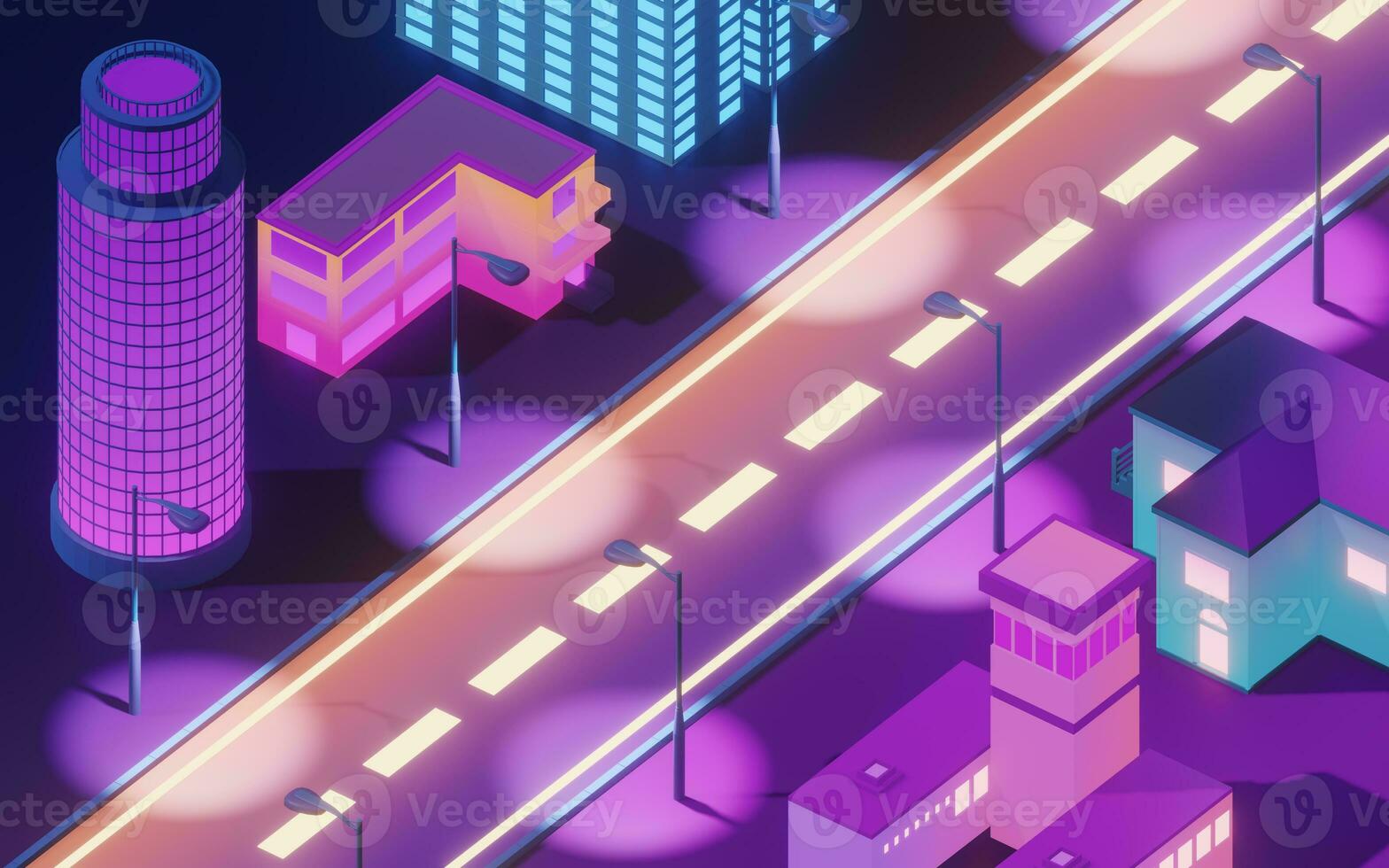 Downtown city, neon glowing building, 3d rendering. photo