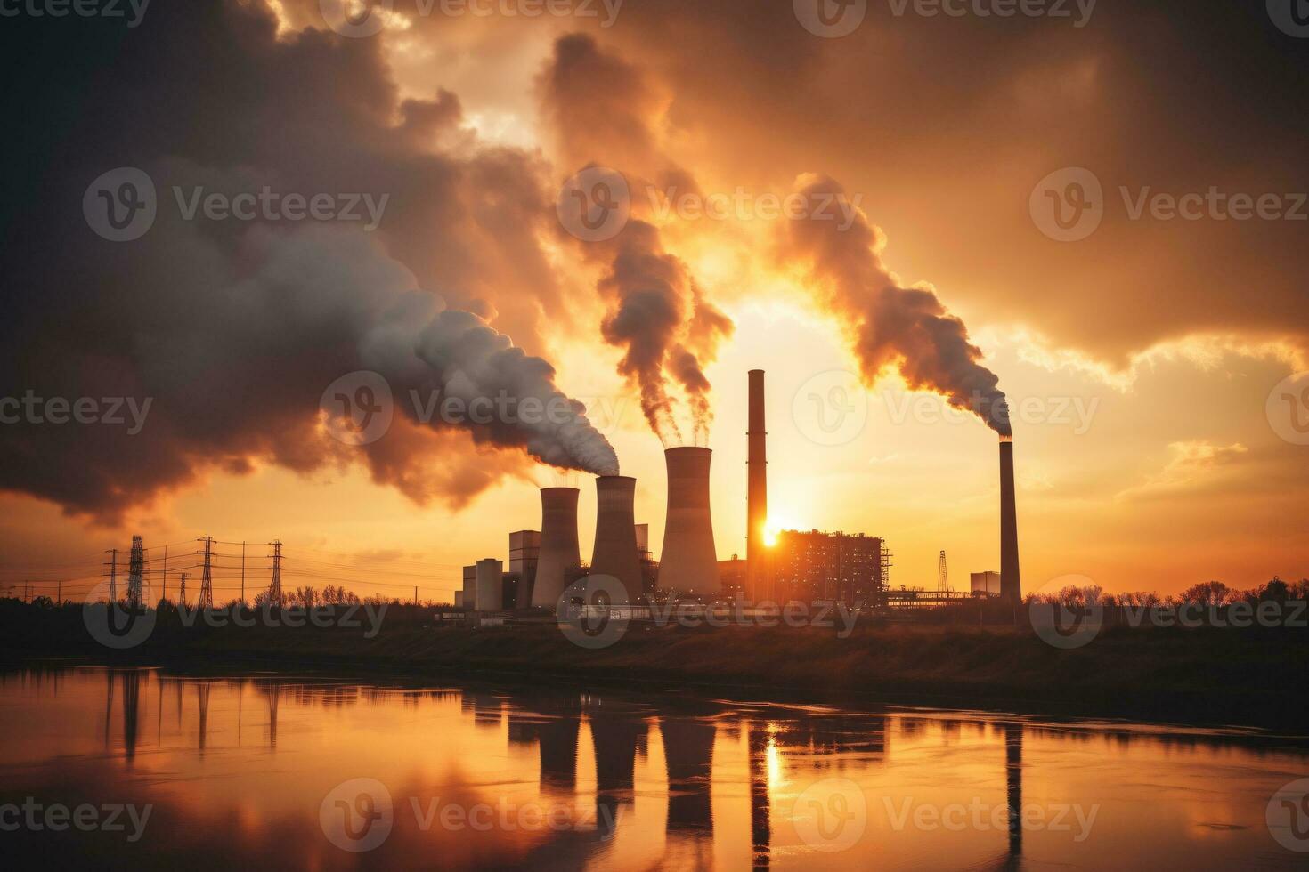 Industrial factory tall smokestacks released smoky emissions from smoke pipes. CO2 greenhouse gas, deteriorating air quality, air pollution, and climate change. Carbon dioxide gas. Generative AI. photo