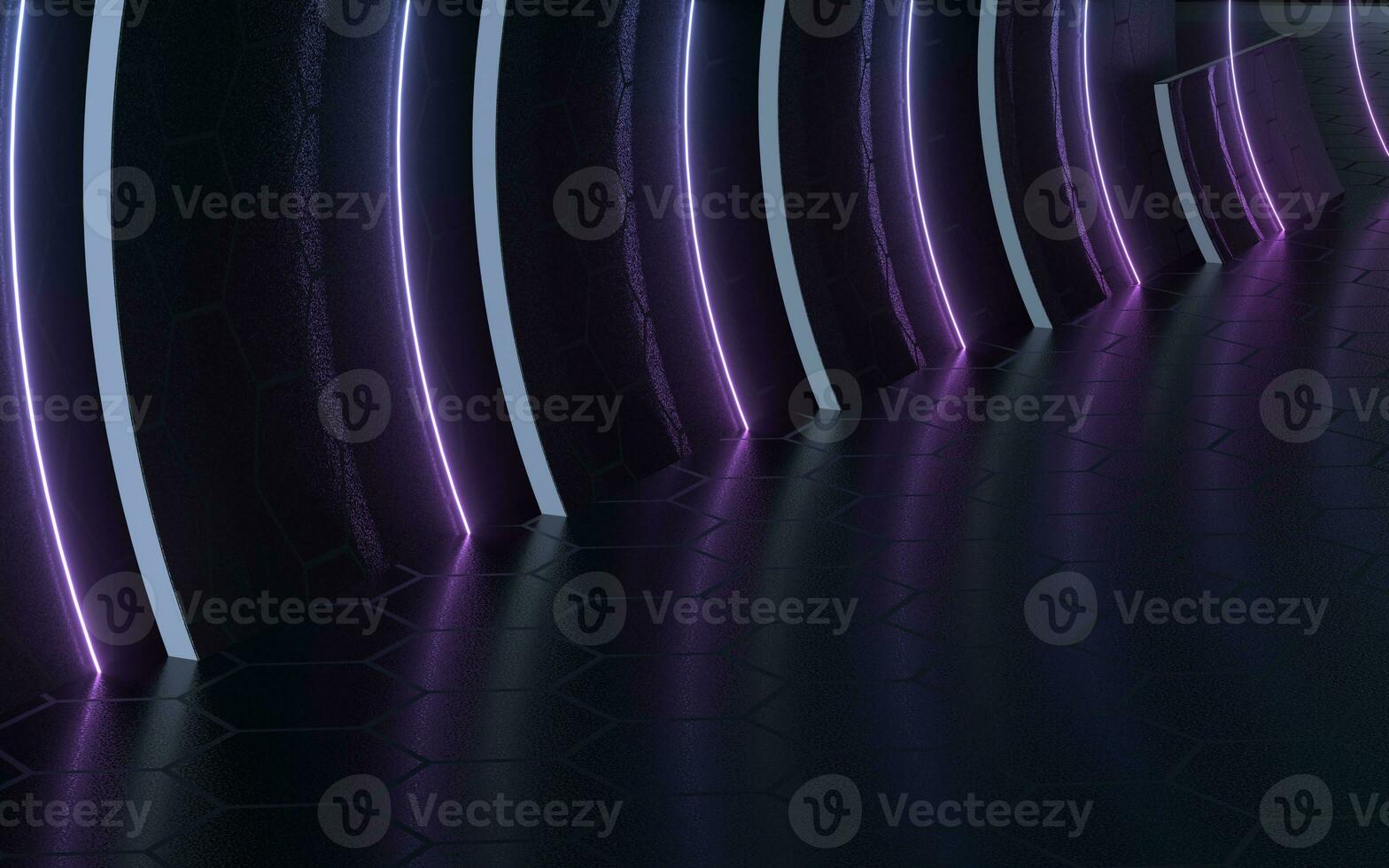 Dark tunnel with neon glowing lines, 3d rendering. photo