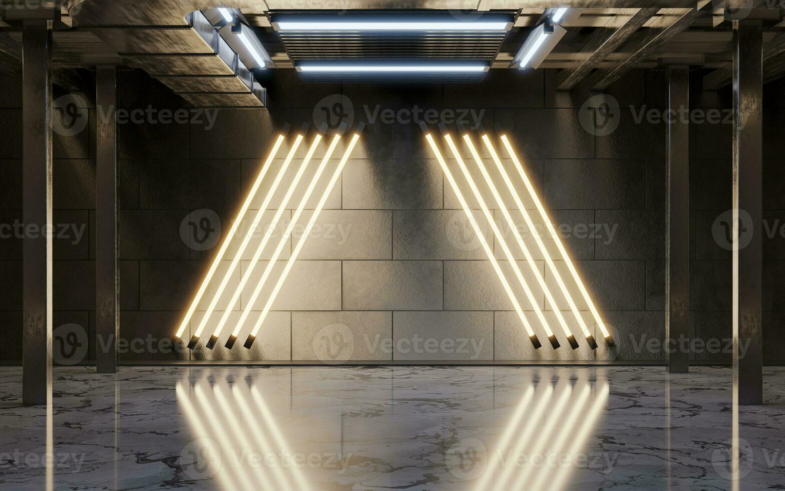 Dark building with neon illumination, 3d rendering. photo