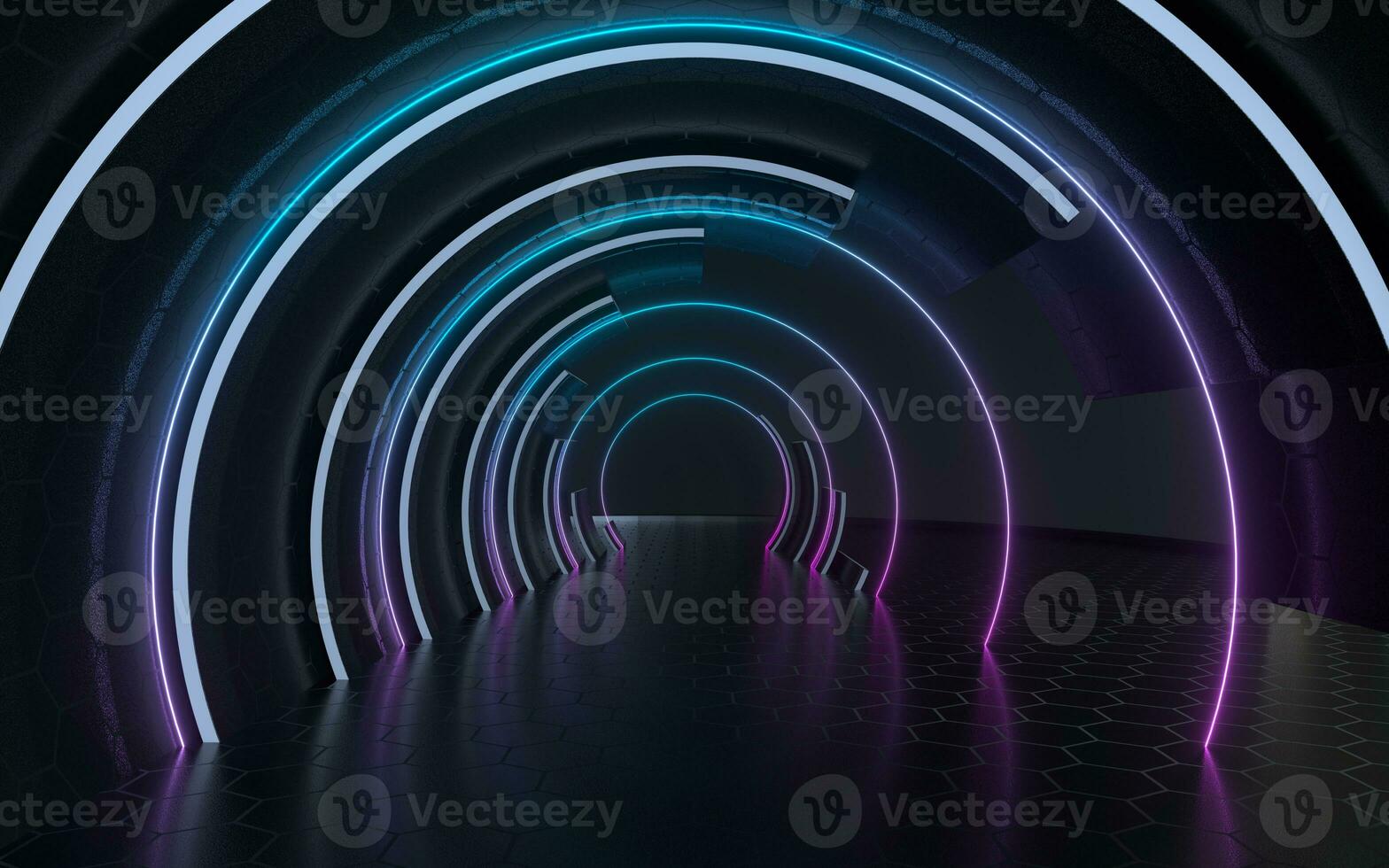 Dark tunnel with neon glowing lines, 3d rendering. photo