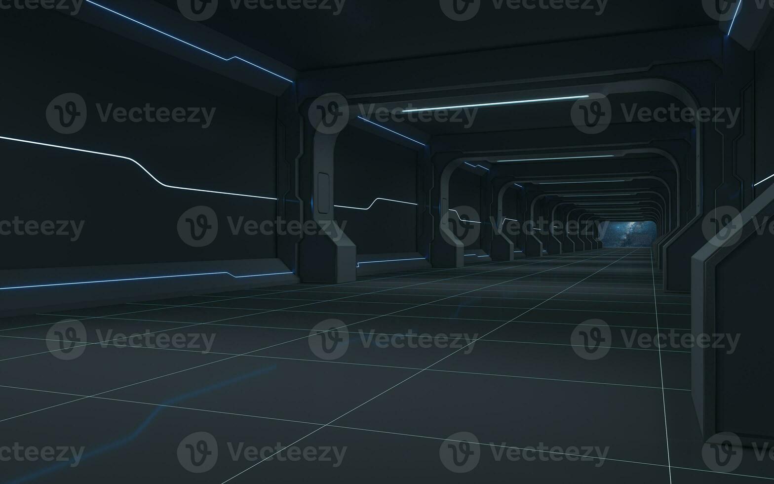 Tunnel of the future, futuristic room, 3d rendering. photo