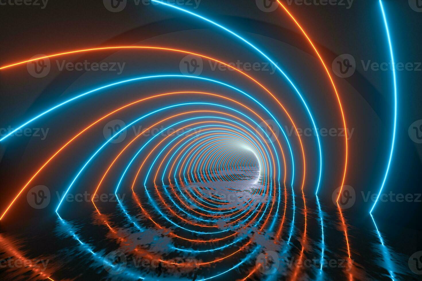 Dark tunnel with glowing laser background, 3d rendering. photo