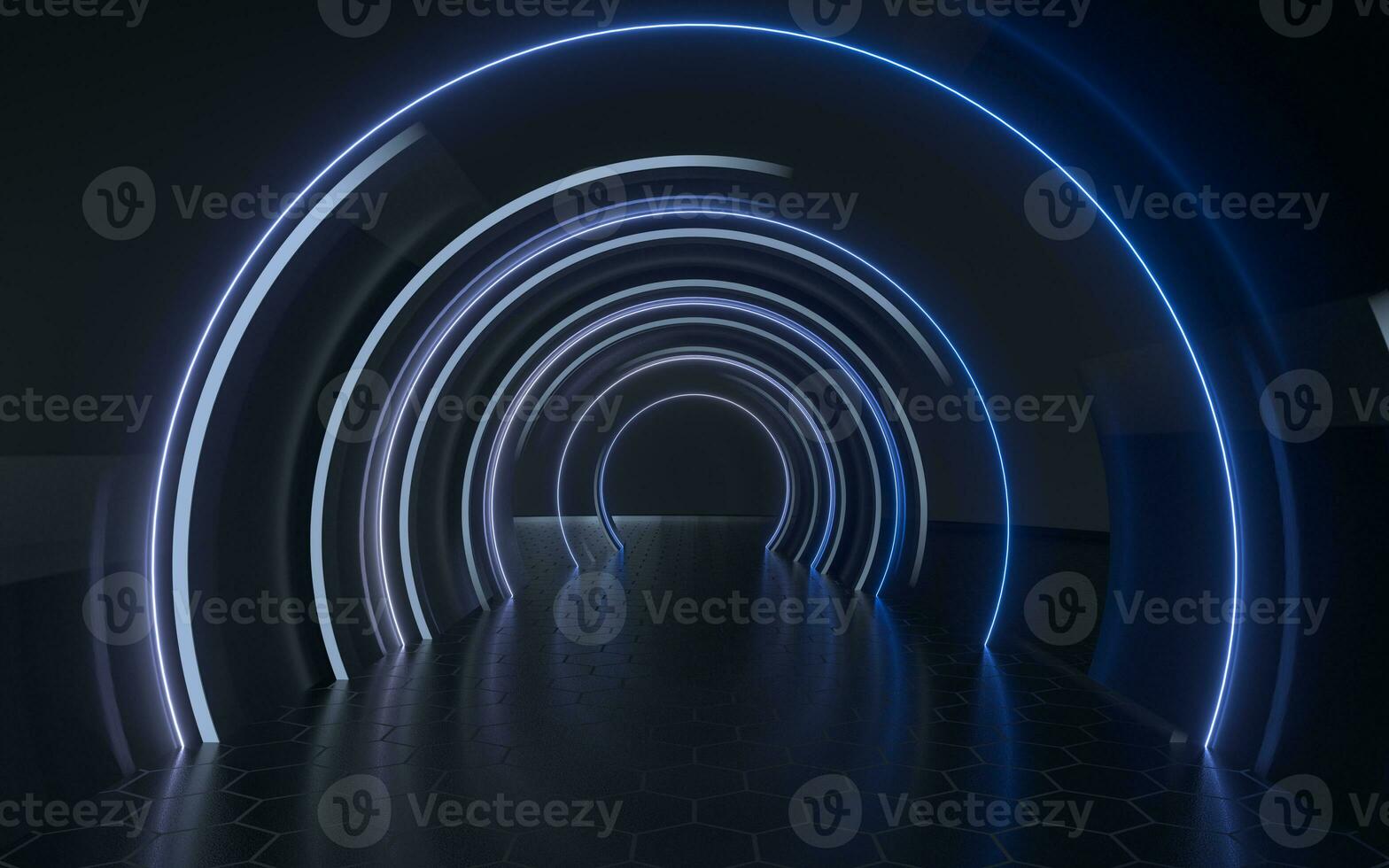 Dark tunnel with neon glowing lines, 3d rendering. photo